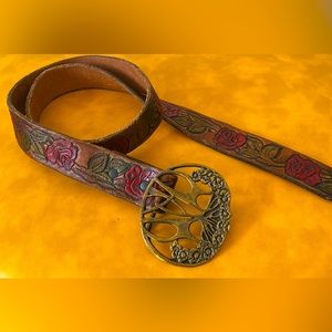 VINTAGE LEATHER BELT EMBOSSED ROSES with FLORAL METAL BUCKLE